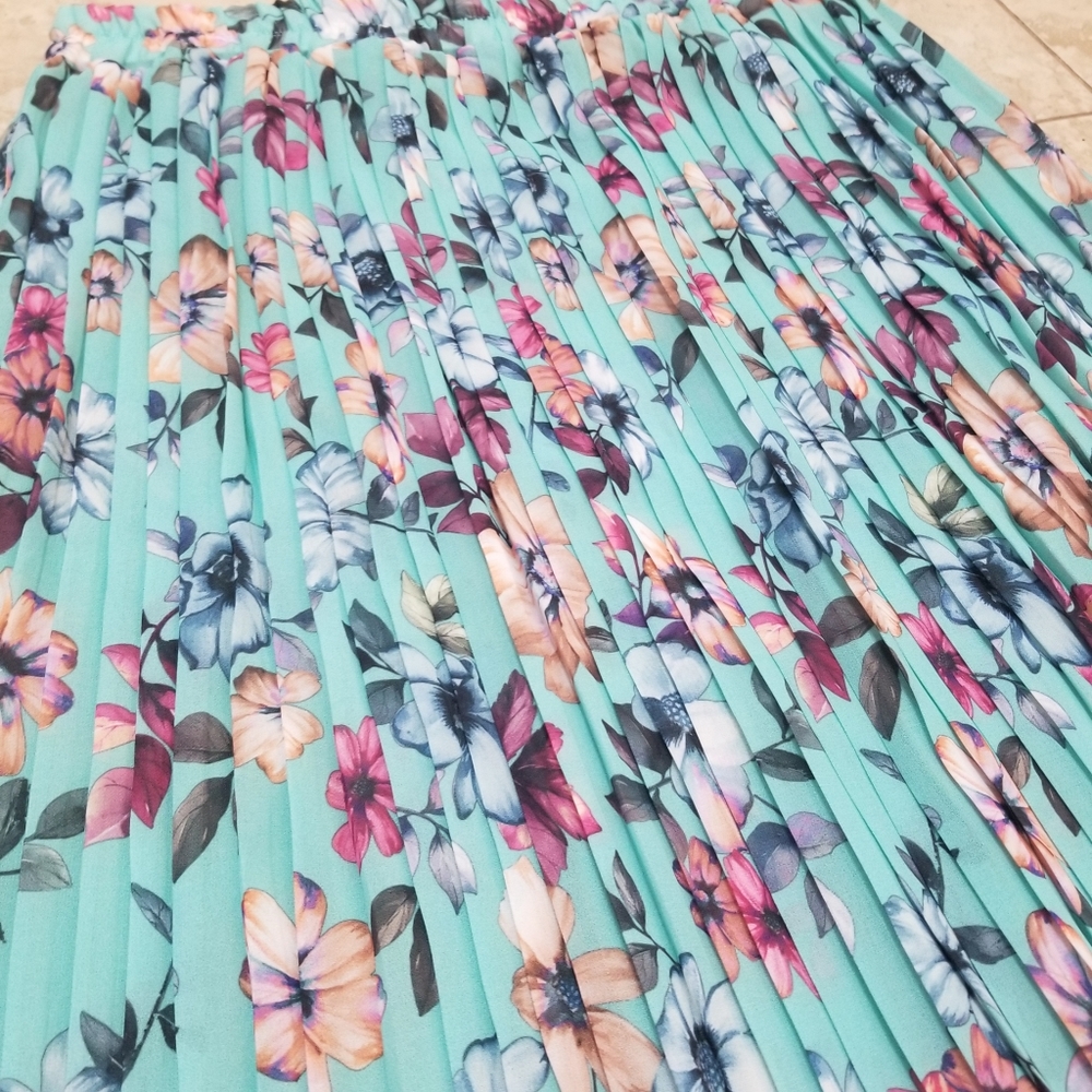 Philharmonte by Grace Floral & Teal Pleated Maxi Skirt, Women's Size L BNWT